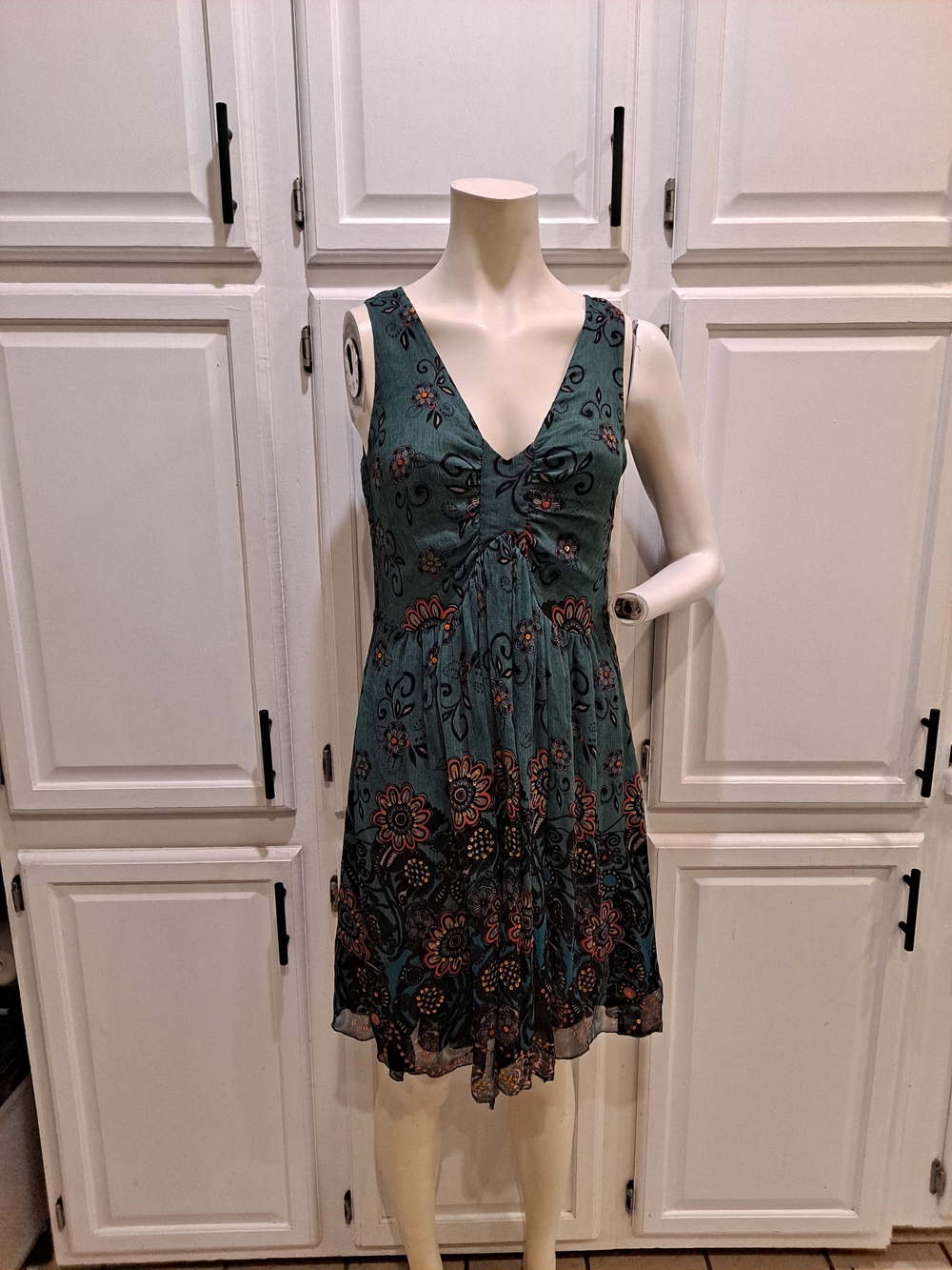 HAZEL Silk Teal Green Black Pink Floral Gold Sequins VNeck Mini Asymmetric Dress